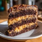 A tall, moist slice of german chocolate cake showing three dark chocolate layers separated by creamy coconut-pecan frosting.