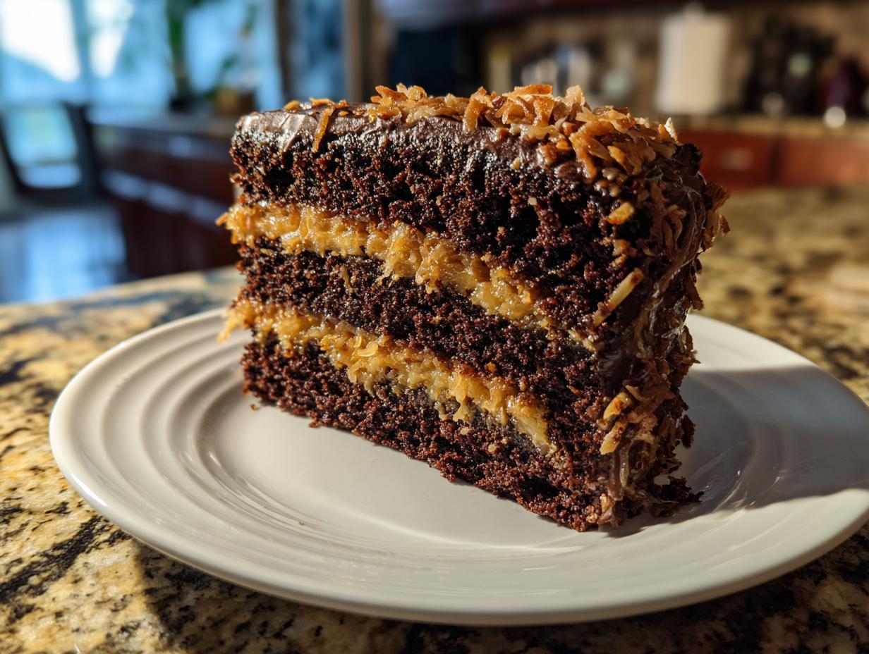 A decadent slice of three-layer german chocolate cake with coconut-pecan filling and chocolate frosting.