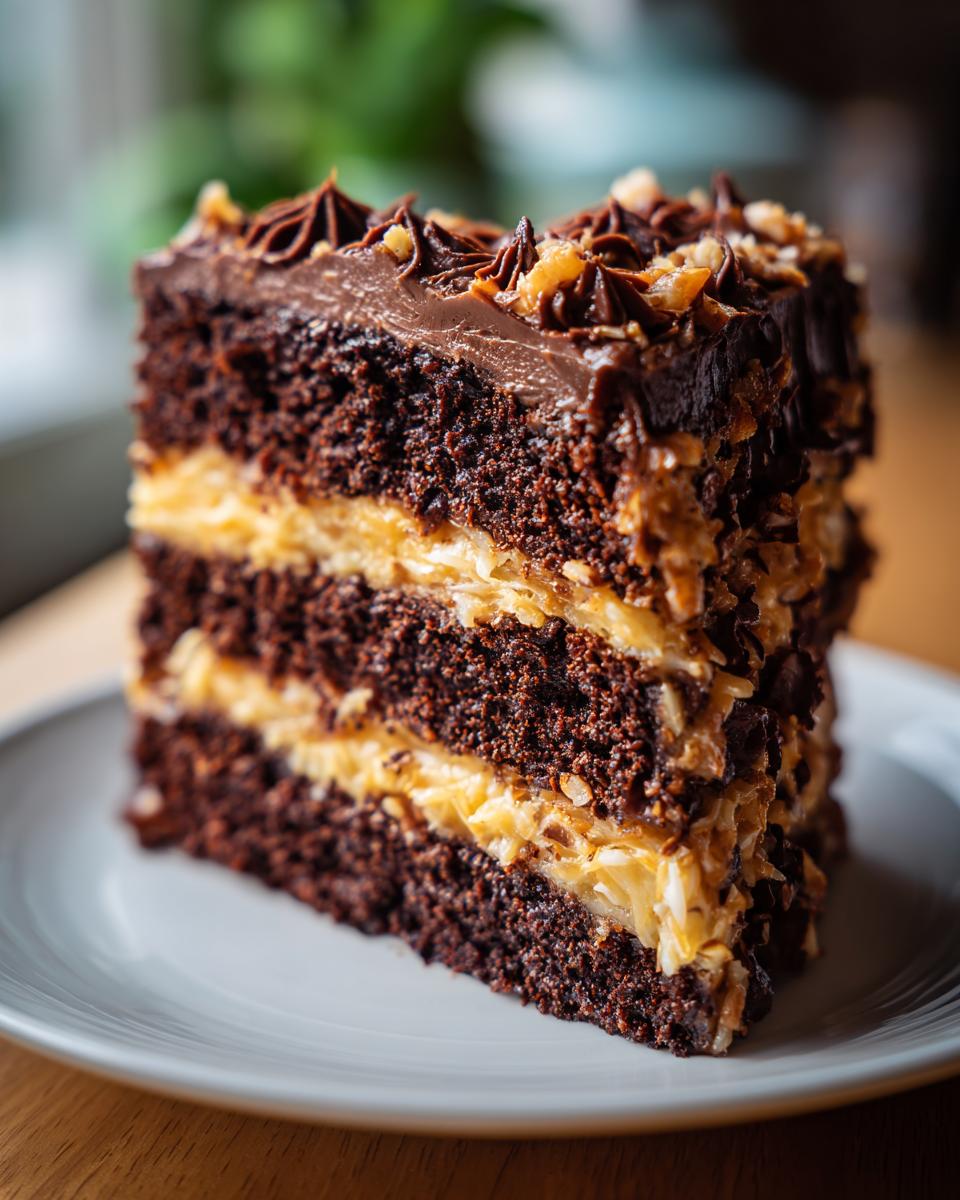 A tall, decadent slice of german chocolate cake featuring dark chocolate layers and coconut-pecan filling.