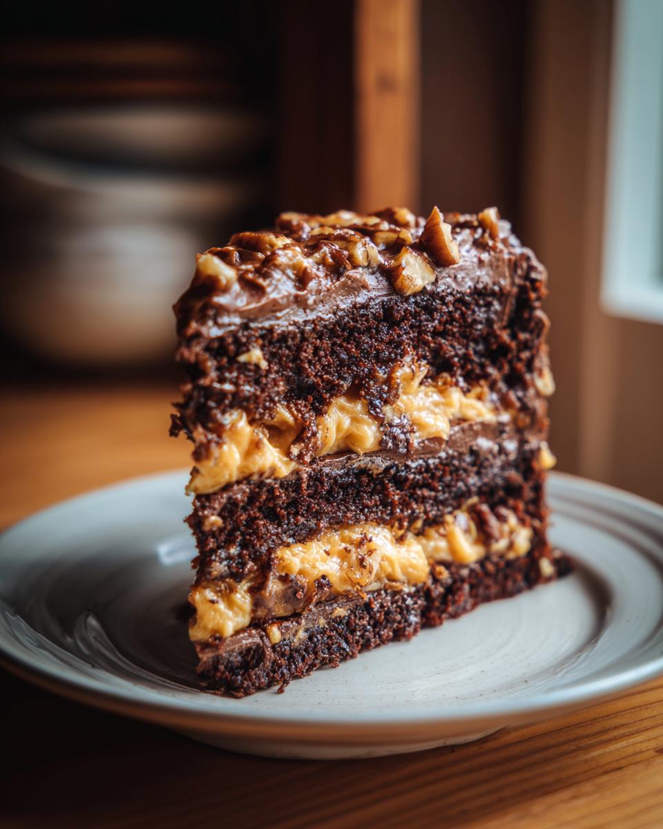 A tall slice of rich german chocolate cake with thick layers of coconut-pecan filling and chocolate frosting.