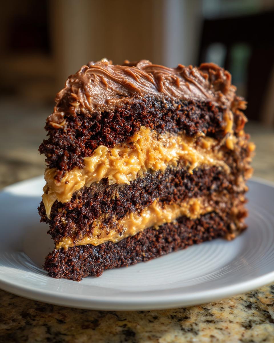A moist slice of dark chocolate cake layered with gooey pecan frosting, representing a classic german chocolate recipe.
