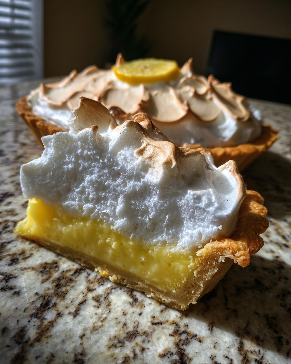 A thick slice of lemon meringue pie showing the crust, bright yellow filling, and toasted meringue topping.