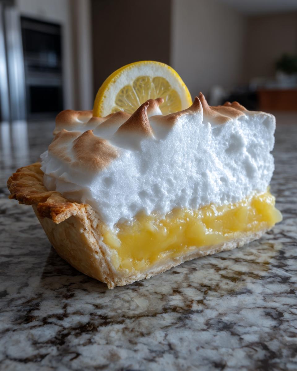 A close-up slice of lemon meringue pie showing the thick, toasted meringue and bright yellow filling.