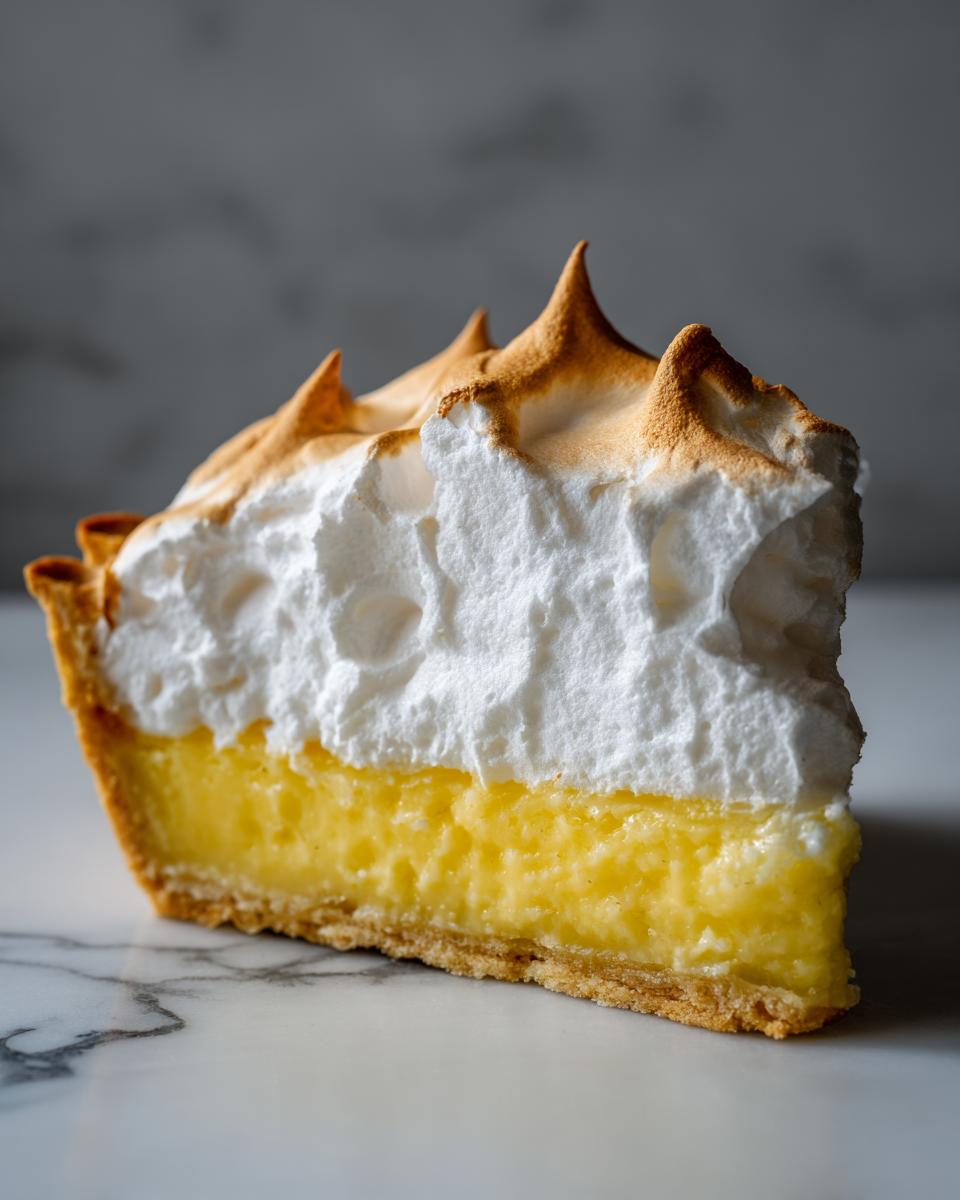 Close-up of a slice of lemon meringue pie showing the thick lemon filling and tall, torched meringue topping.