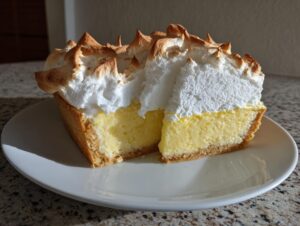 A thick slice of lemon meringue pie showing the bright yellow filling and toasted meringue topping.