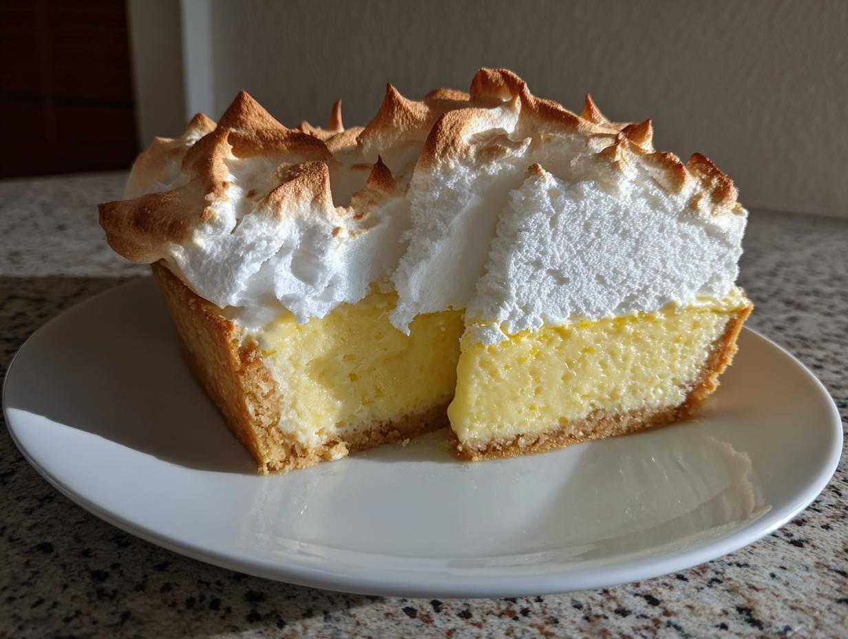 A thick slice of lemon meringue pie showing the bright yellow filling and toasted meringue topping.