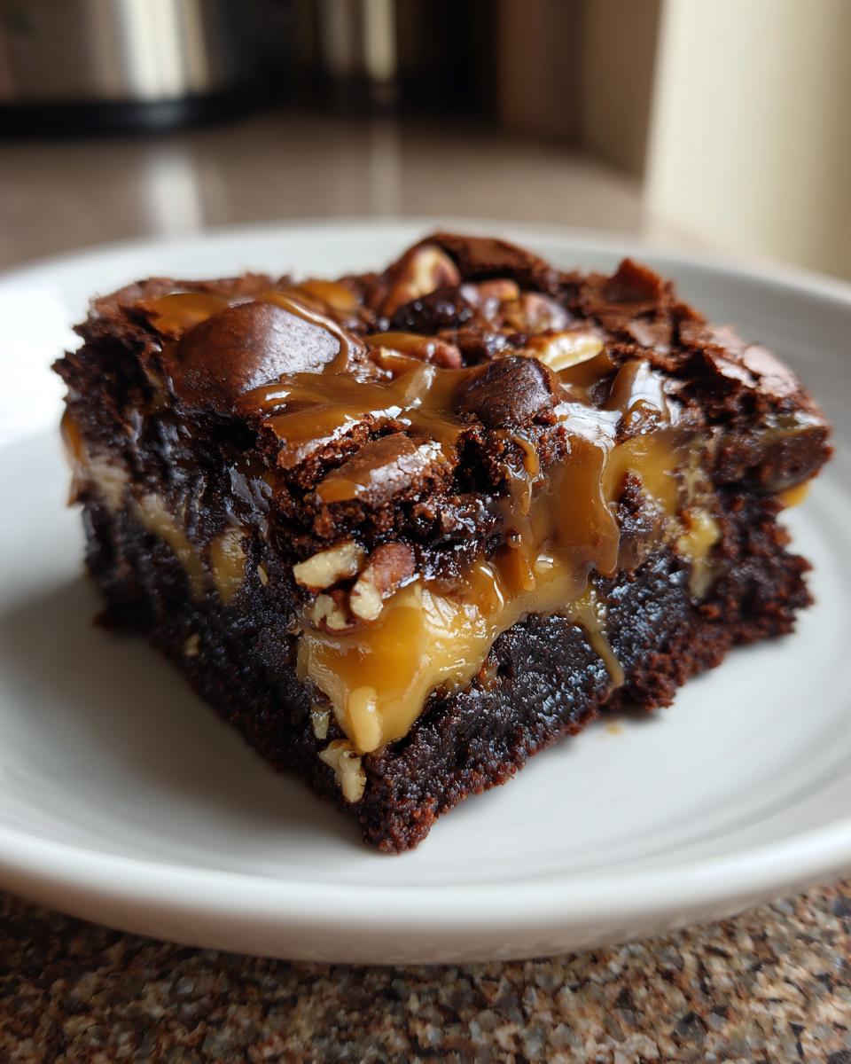 Close-up of a rich, fudgy slice of turtle brownies topped with gooey caramel, pecans, and chocolate chips.
