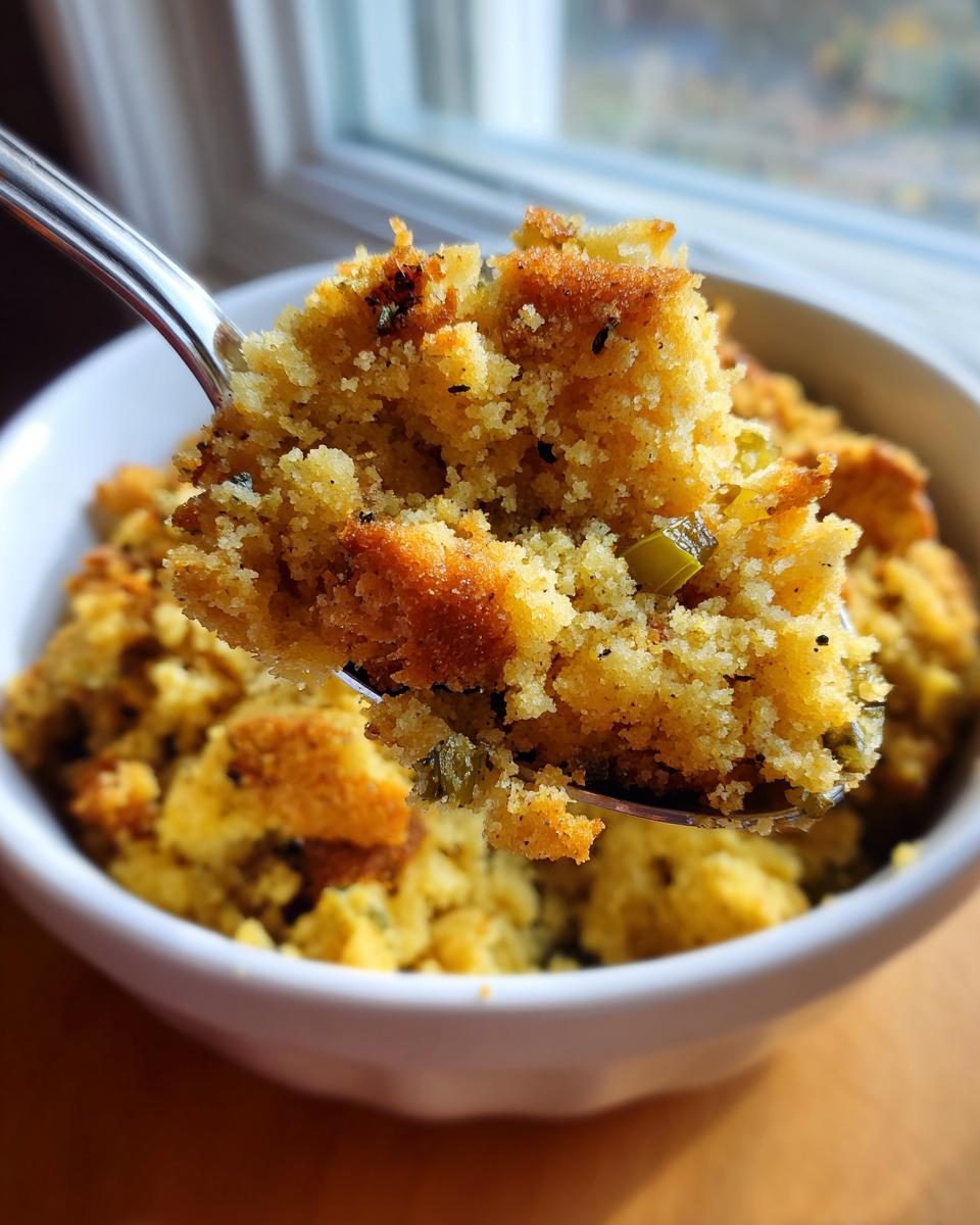 A spoonful of moist, savory cornbread dressing lifted from a white bowl, showing texture and green peppers.