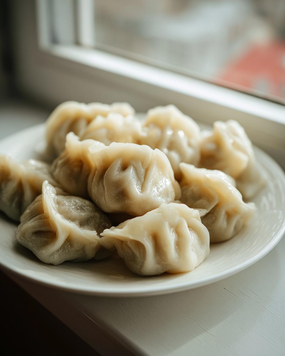 A plate of freshly steamed Traditional Chinese Dumplings resting on a white windowsill, ready to eat.