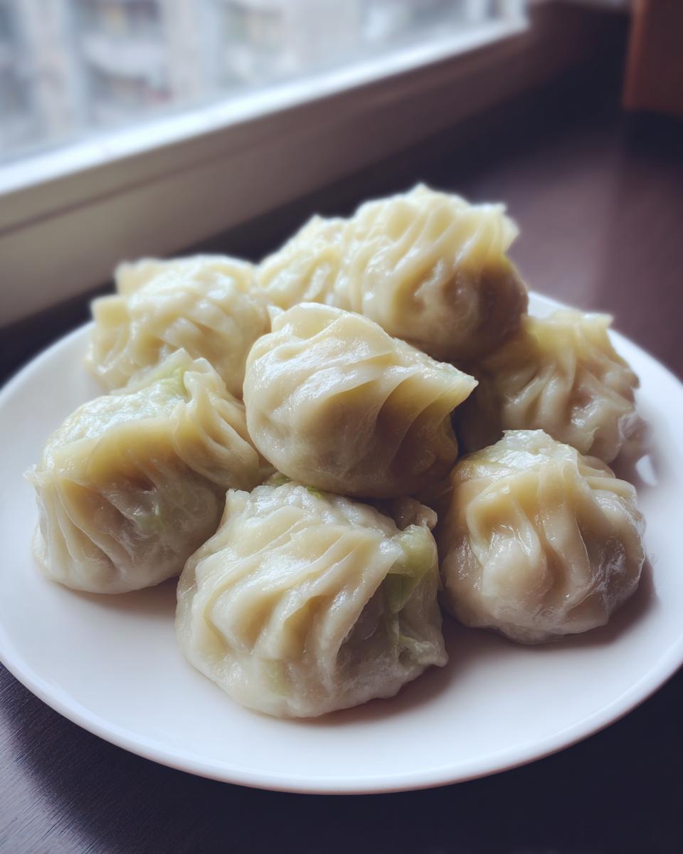 A serving of freshly steamed Traditional Chinese Dumplings with pleated tops piled on a white plate.
