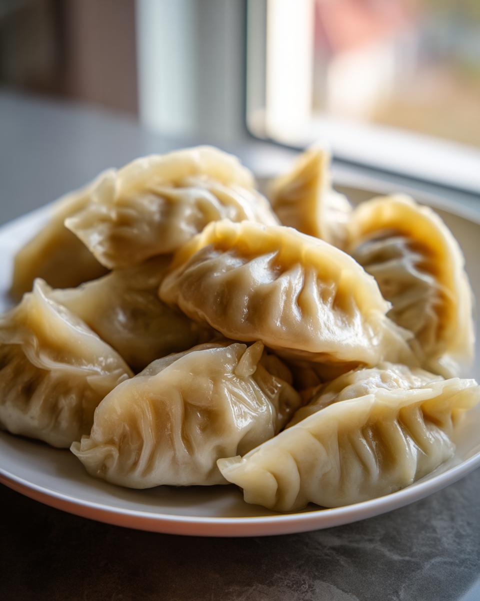 A close-up of freshly steamed Traditional Chinese Dumplings piled high on a white plate.