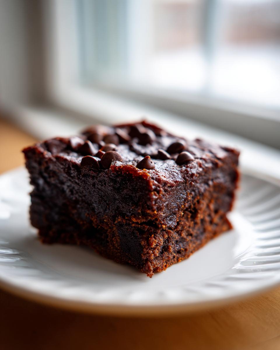 A close-up of a rich, dark square of sweet potato brownies topped with chocolate chips on a white plate.