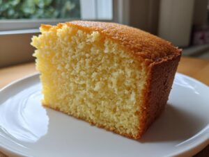 A close-up view of a thick, tender slice of golden brown vanilla cake resting on a white plate.