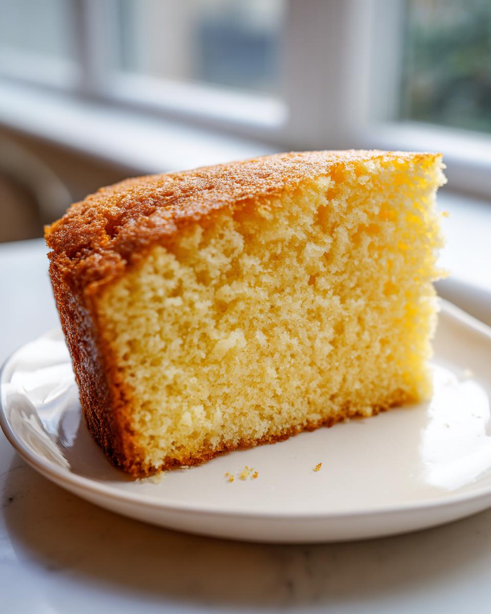 Close-up of a moist slice of vanilla cake showing its tender crumb and golden brown crust.