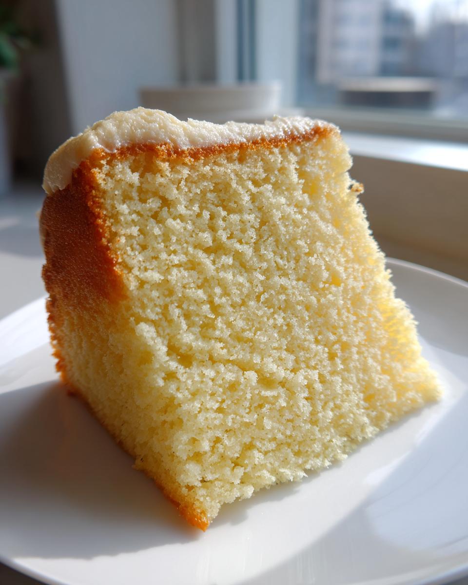 Close-up of a moist slice of vanilla cake showing its tender crumb texture and a thin layer of white frosting.