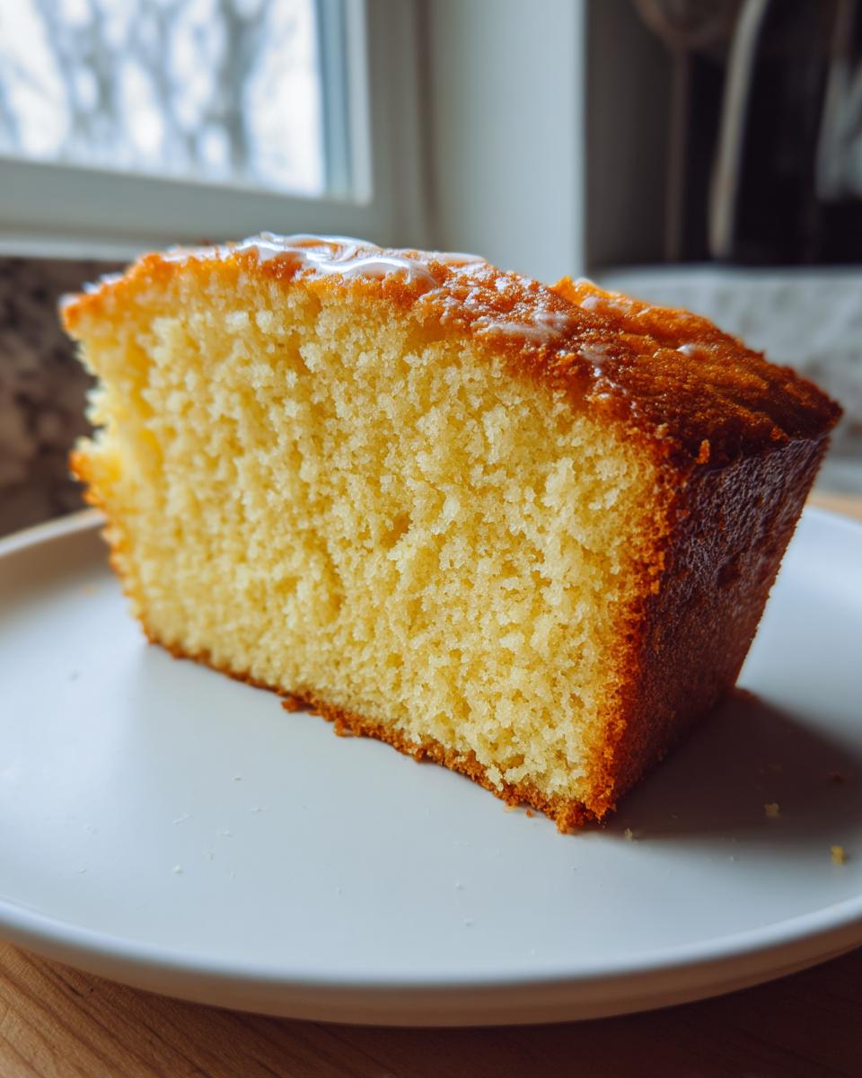 Close-up of a moist slice of vanilla cake showing its tender crumb and light glaze topping.
