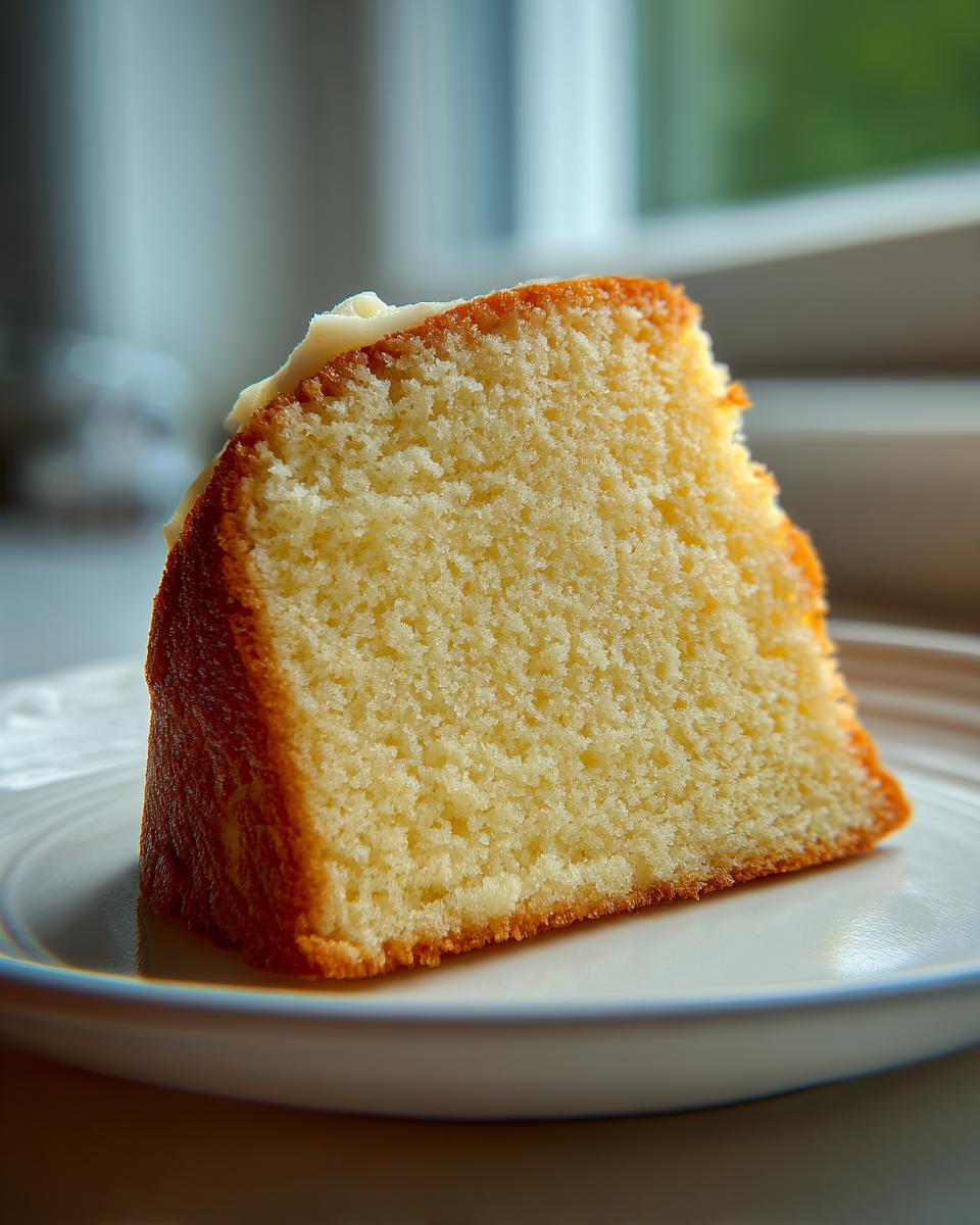 Close-up of a moist slice of vanilla cake showing its fine crumb and a thin layer of white frosting.