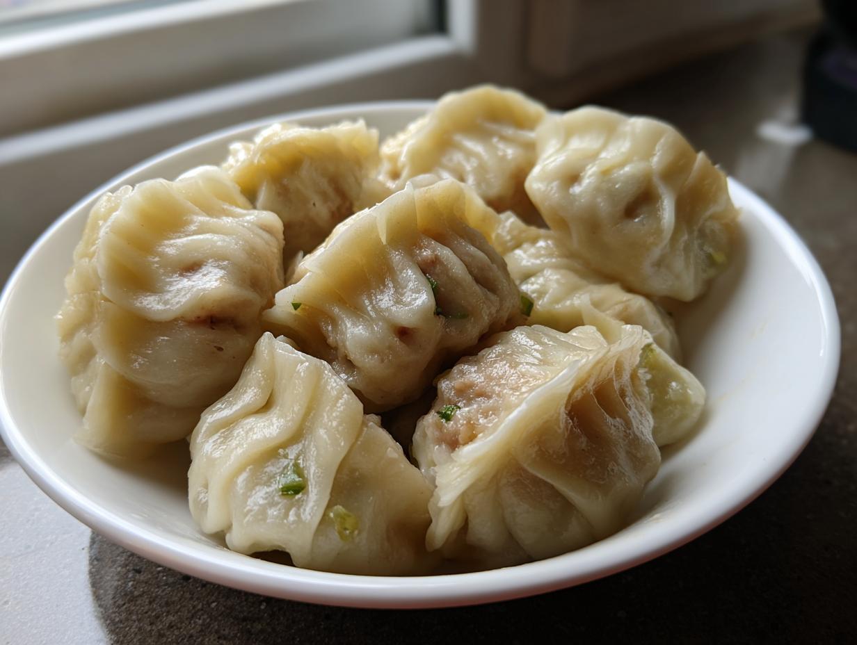 A close-up of several freshly steamed Traditional Chinese Dumplings piled high in a white bowl.