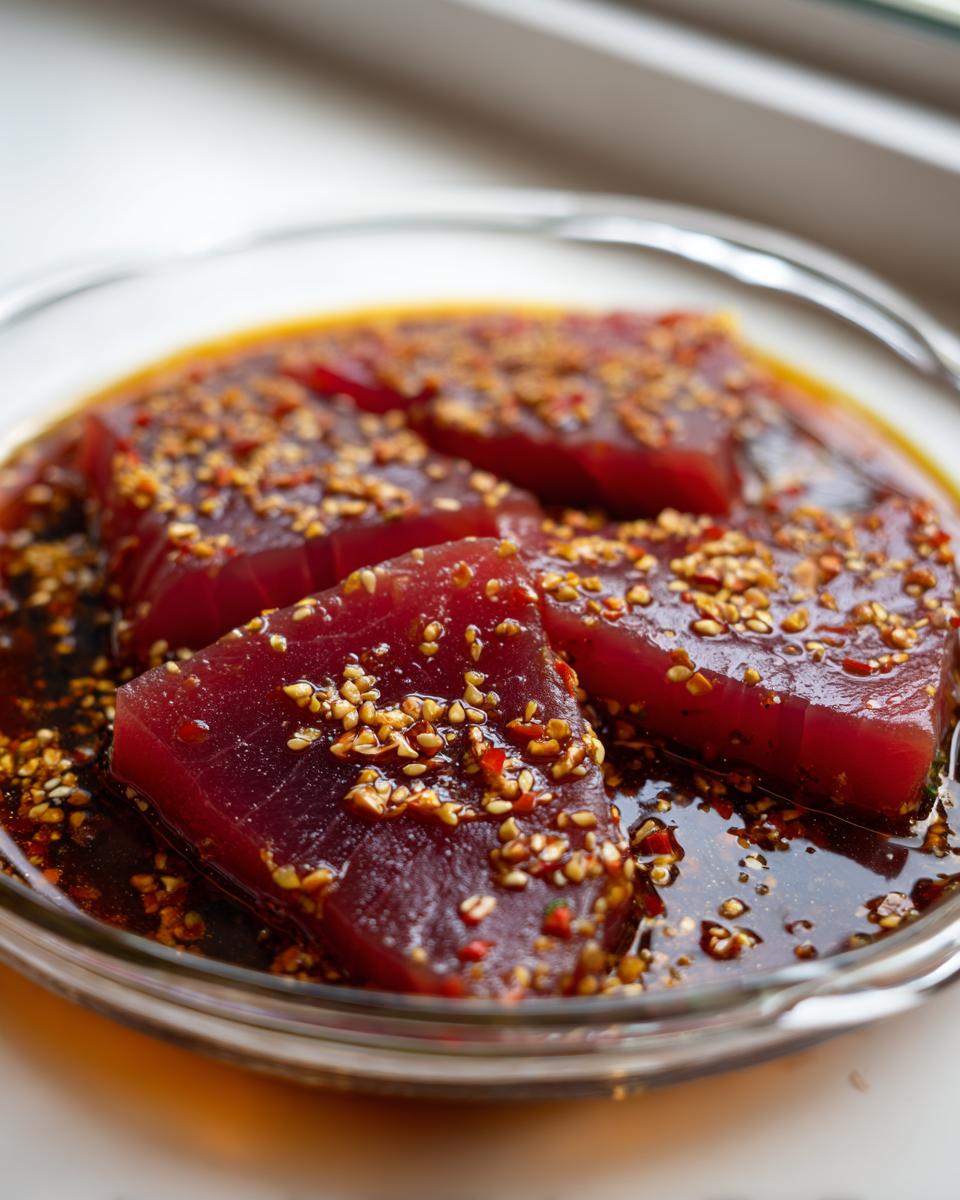 Four thick, deep red tuna steak portions soaking in a dark, savory MARINADE FOR TUNA STEAK topped with sesame seeds.