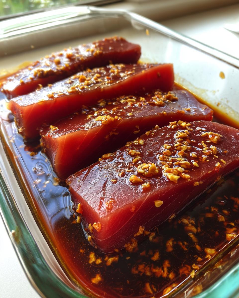 Four thick, bright red tuna steaks soaking in a dark, savory MARINADE FOR TUNA STEAK topped with minced garlic.