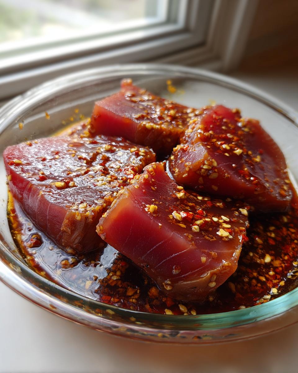 Four thick, bright red tuna steak portions soaking in a dark, spicy MARINADE FOR TUNA STEAK with visible chili flakes.