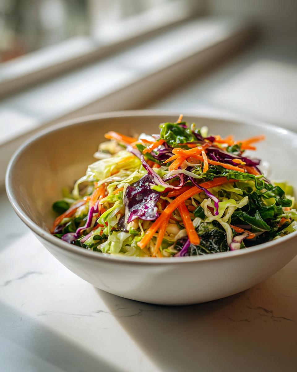 Close-up of a fresh cabbage salad featuring shredded green and purple cabbage, and bright orange carrots in a white bowl.