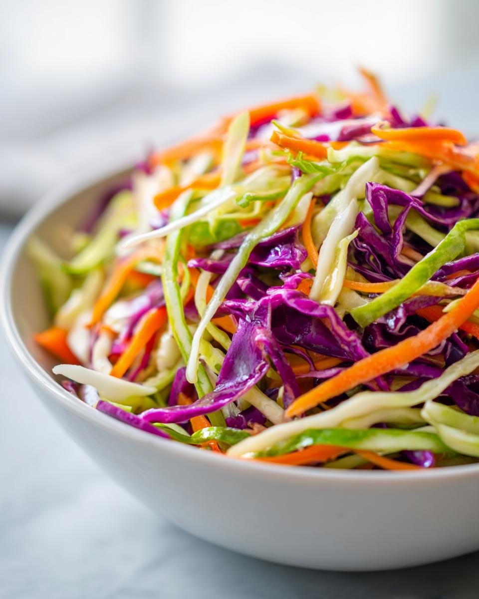 Close-up of a vibrant, colorful cabbage salad mix featuring shredded purple cabbage, green cabbage, and carrots.