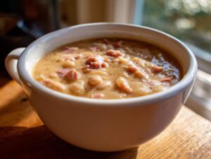 A close-up of a thick, creamy white bean and ham soup served in a white mug.