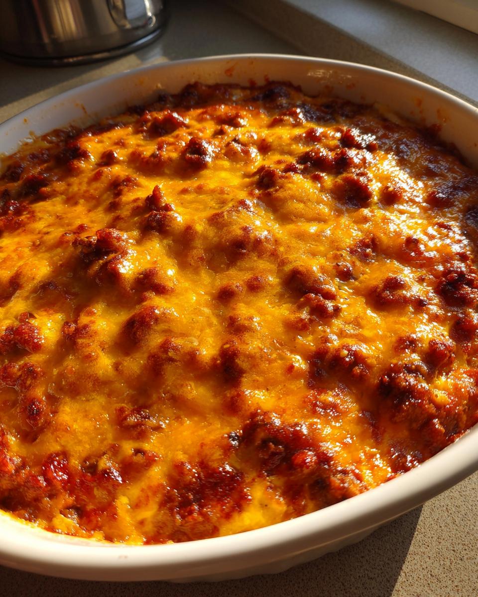Close-up of hot, bubbly 3 ingredient chili cheese dip topped with melted cheddar cheese in a white baking dish.