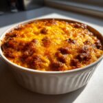 Close-up of a bubbly, golden-brown baked chili cheese dip served hot in a white ceramic ramekin.