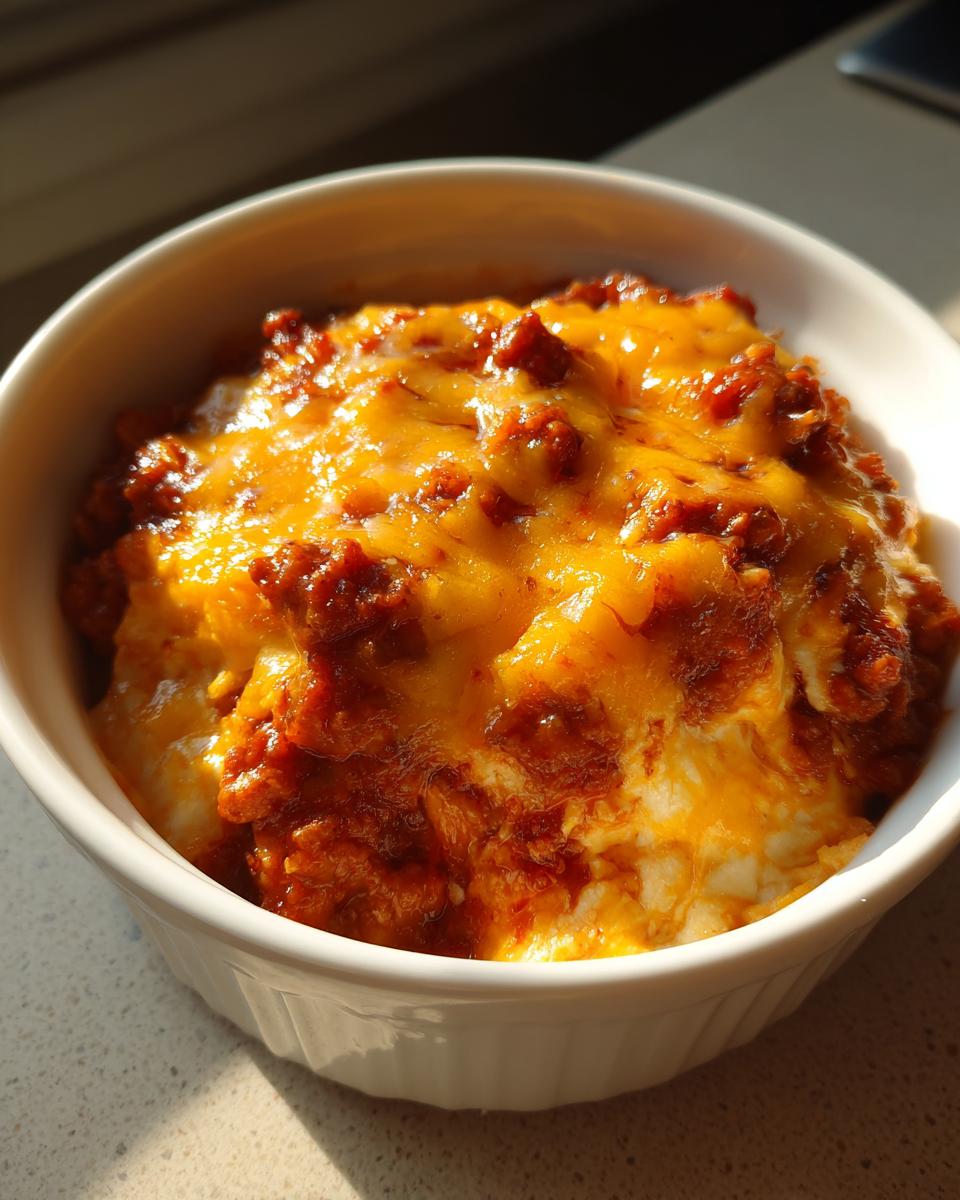 Close-up of a small white ramekin filled with bubbling, melted cheddar cheese over rich chili, perfect for chili cheese dip.