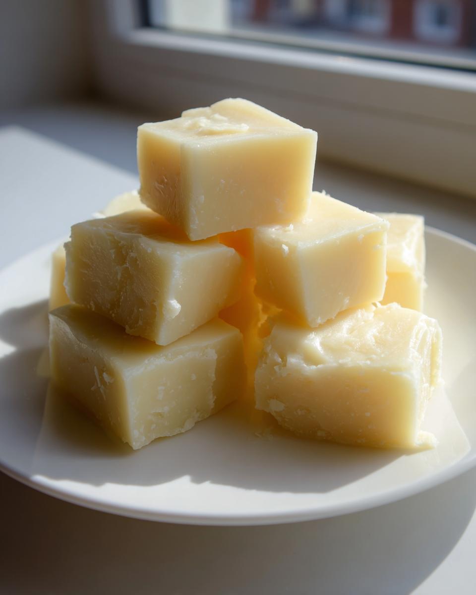 A stack of creamy, pale yellow cubes of white chocolate fudge resting on a white plate near a window.