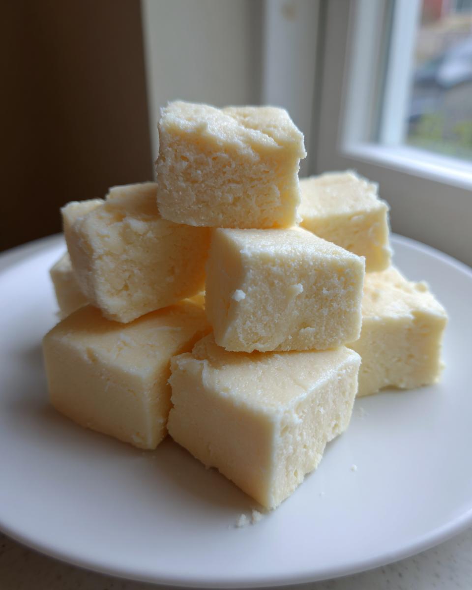 A small stack of creamy, pale yellow white chocolate fudge cubes resting on a white plate near a window.