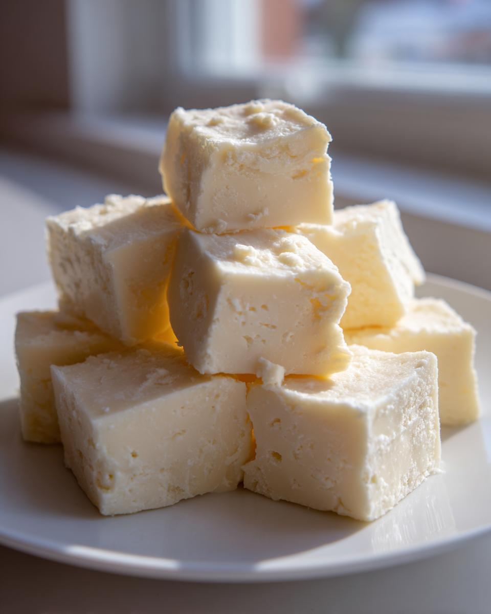 A stack of creamy, pale white chocolate fudge cubes sitting on a white plate near a window.