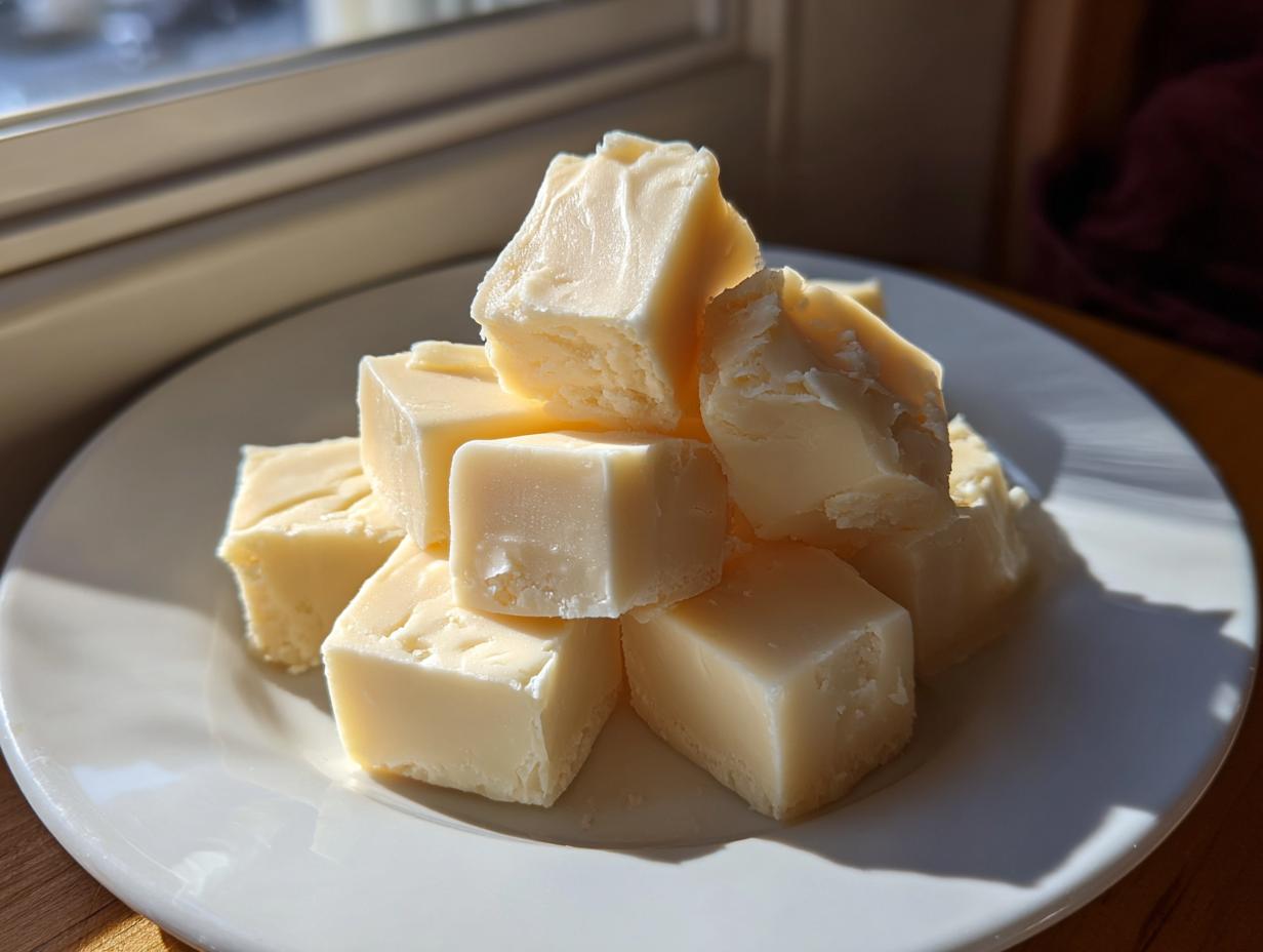A stack of creamy, pale yellow cubes of white chocolate fudge piled on a white plate near a window.