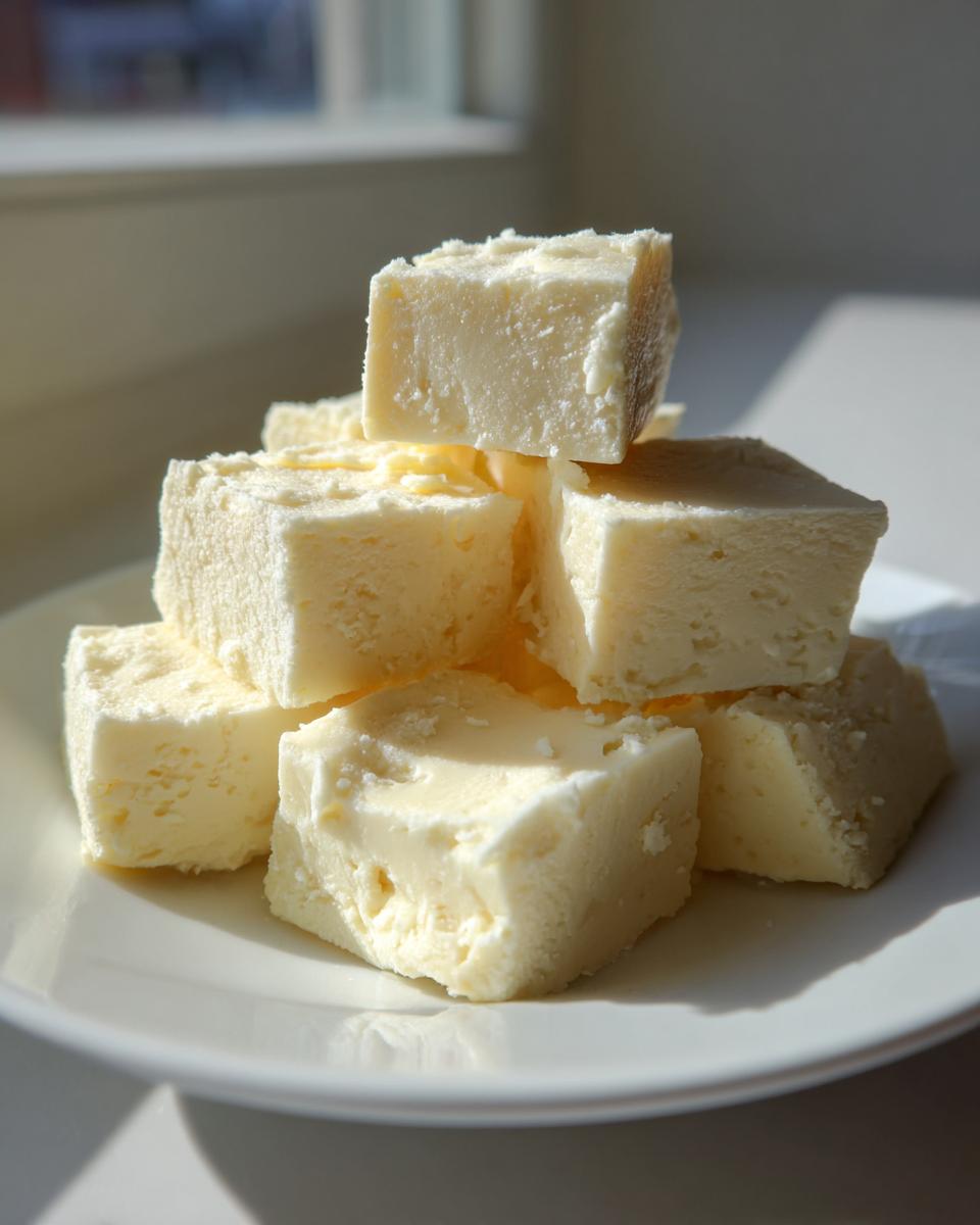 A stack of creamy, pale yellow white chocolate fudge squares piled on a white plate near a window.