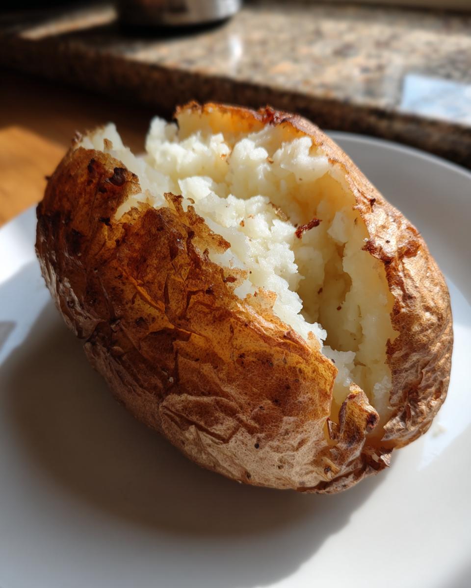 Close-up of a perfectly cooked air fryer baked potato split open to show fluffy white interior and crispy skin.