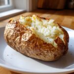 A perfectly cooked air fryer baked potato with a split open top showing fluffy white interior and crispy golden skin.