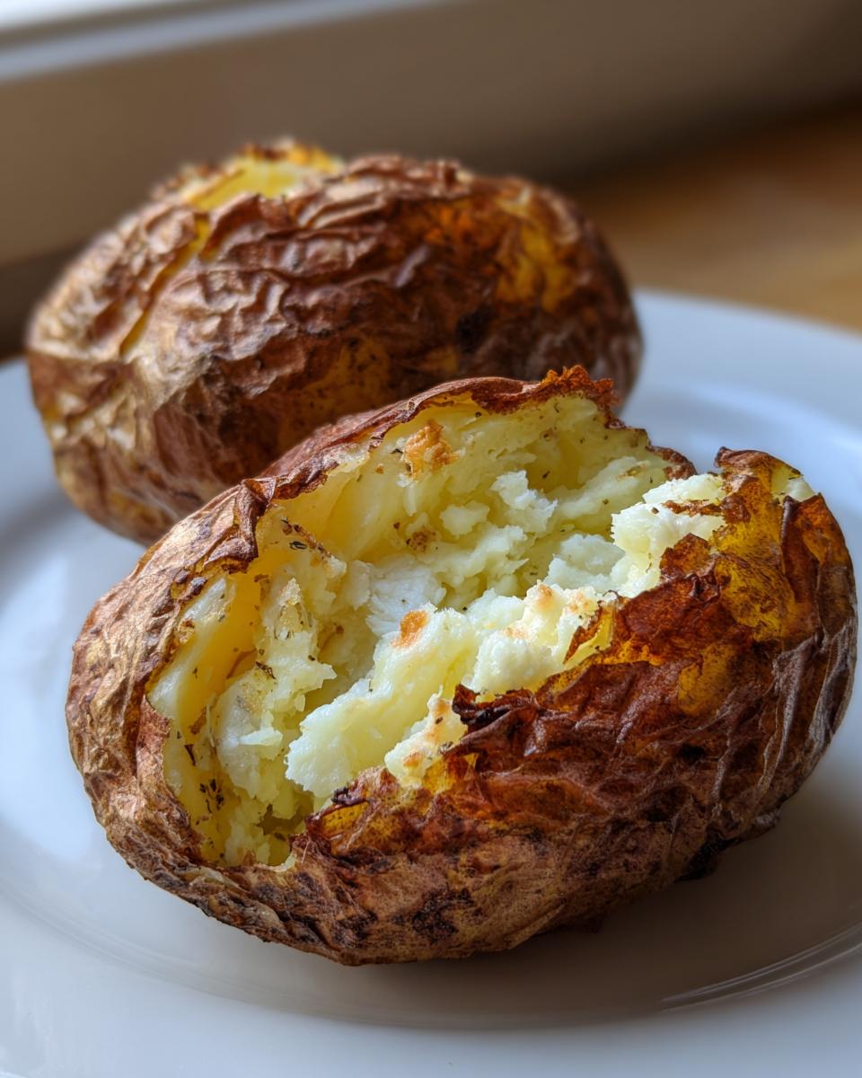 Close-up of a perfectly cooked air fryer baked potato, split open to show fluffy interior.