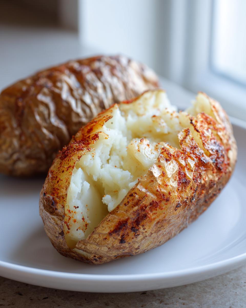 Close-up of a fluffy, split air fryer baked potato seasoned with paprika on a white plate.