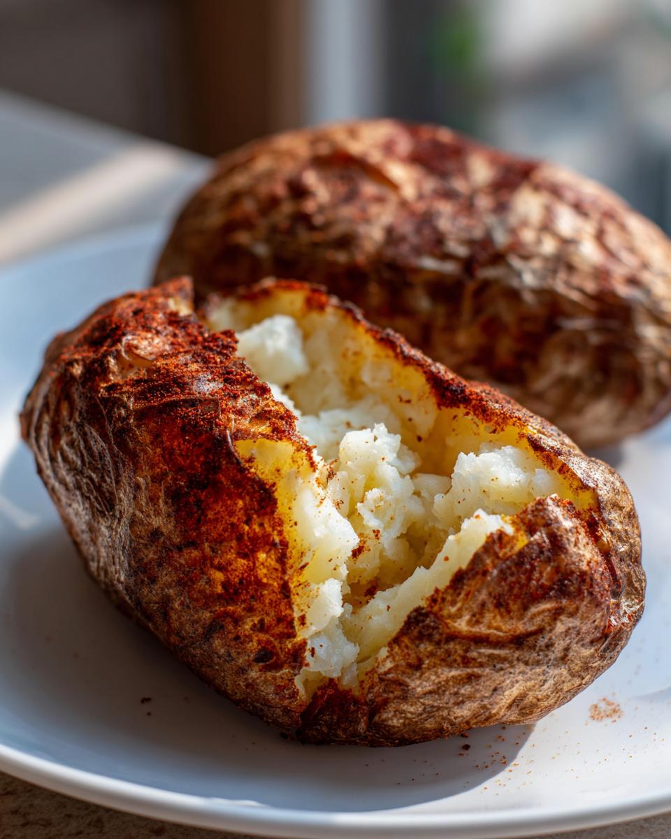 Close-up of a perfectly cooked air fryer baked potato, split open to show fluffy interior and seasoned skin.