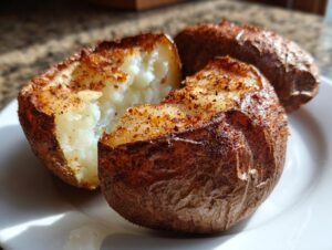 A close-up of a perfectly cooked air fryer baked potato, split open to show the fluffy white interior and crispy, seasoned skin.