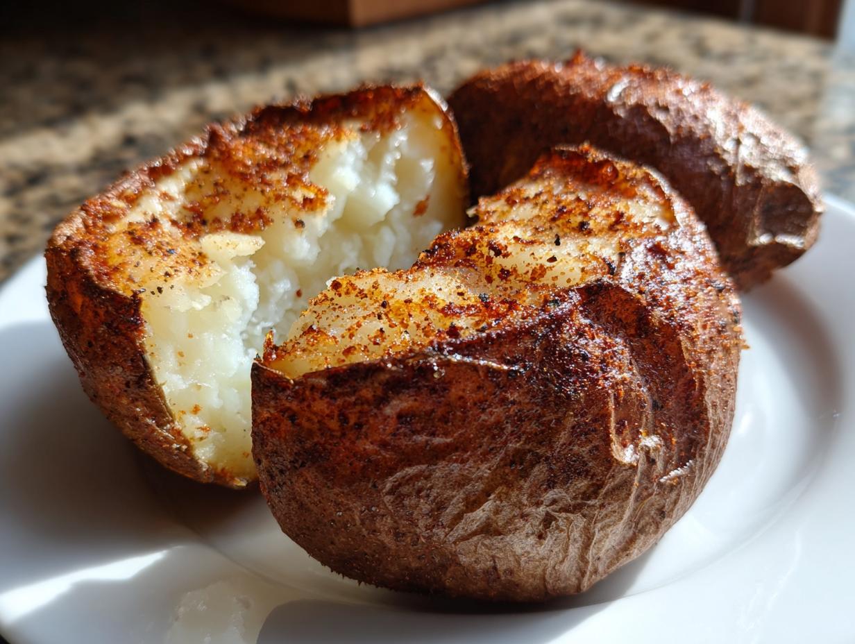 A close-up of a perfectly cooked air fryer baked potato, split open to show the fluffy white interior and crispy, seasoned skin.