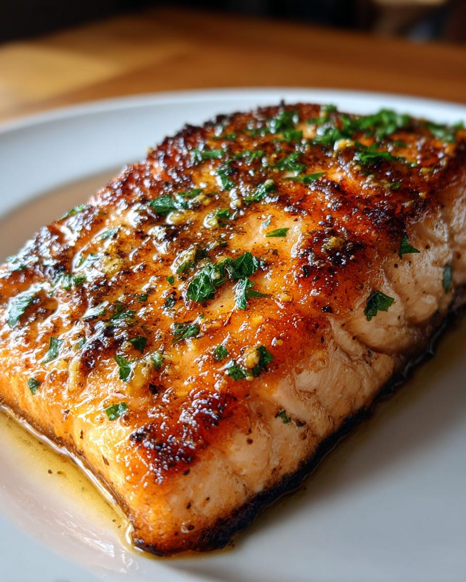 Close-up of a beautifully caramelized, flaky piece of air fryer salmon topped with garlic and fresh parsley.