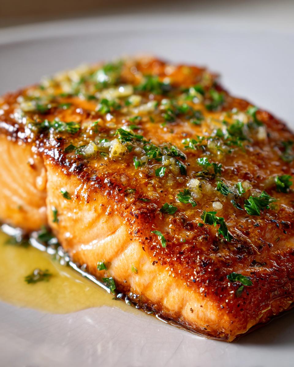 Close-up of a perfectly cooked piece of air fryer salmon, glazed with butter, garlic, and fresh parsley.