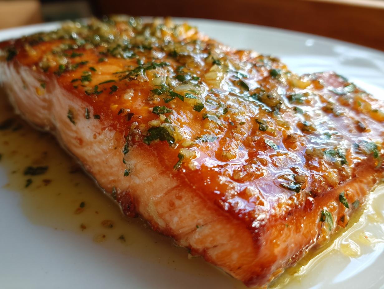Close-up of a perfectly cooked air fryer salmon fillet topped with a shiny garlic-herb glaze.