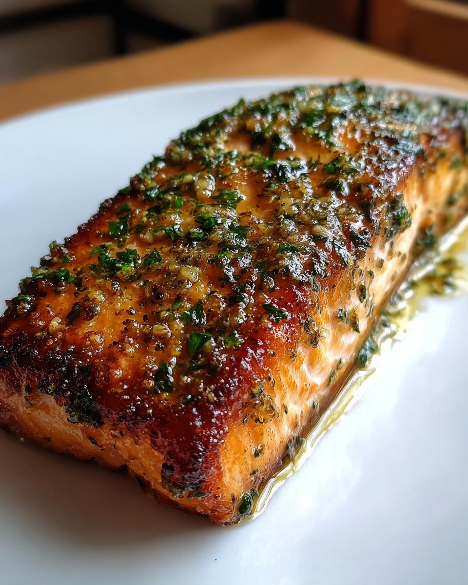 Close-up of a perfectly cooked air fryer salmon fillet topped with a glistening garlic and herb glaze.