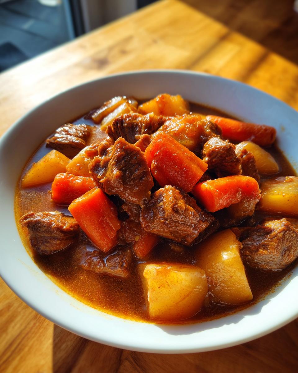 Close-up of a white bowl filled with rich, dark Amazing 8-Hour Pork Stew featuring chunks of tender meat, carrots, and potatoes.