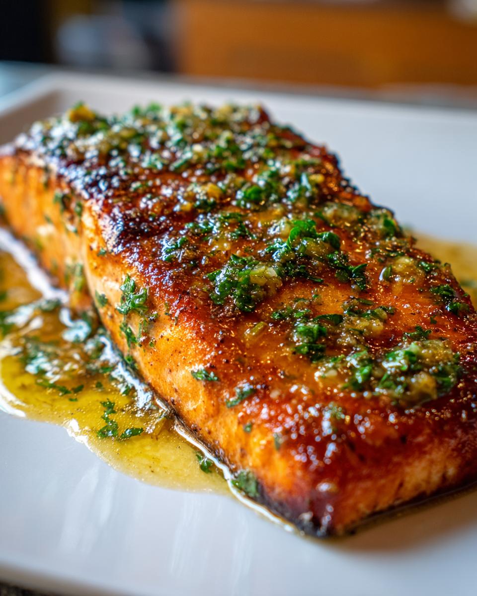 Close-up of a glistening, perfectly cooked piece of air fryer salmon topped with a bright green herb and garlic butter sauce.