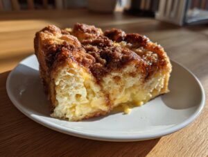 Close-up of a thick slice of moist baked french toast topped with brown sugar and cinnamon streusel.